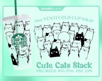 Cute Cat Stack SVG for Starbks Venti Cold Cup 24 oz • Custom full wrap SVG for Coffee Cup • digital files dxf eps png • Cricut Silhouette