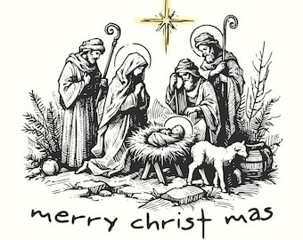 Merry Christmas PNG for Sublimation, Merry Christmas Digital Art, Jesus Christmas Design, Rustic Xmas Tree, Retro Winter Farmhouse Art