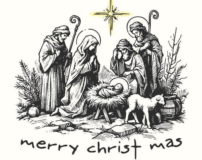 Merry Christmas PNG for Sublimation, Merry Christmas Digital Art, Jesus Christmas Design, Rustic Xmas Tree, Retro Winter Farmhouse Art