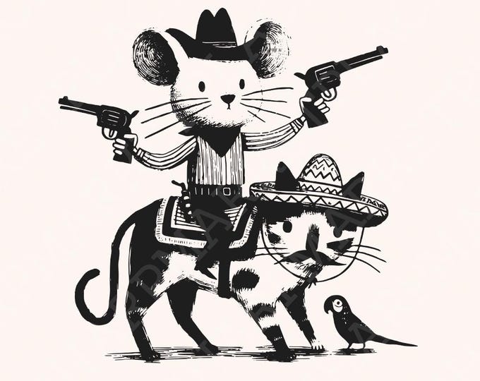 Mouse Cowboy, Cat png, Mouse png, Cowboy png, Funny Cat Clipart, Rodeo Mouse PNG, Animal Illustration, Whimsical Art, Funny Digital Art