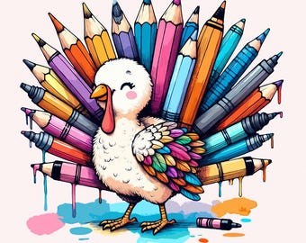 Thankful Teacher PNG, Thanksgiving Turkey Teacher, Cute Teacher Pencil PNG, Fall Teacher Crayon, Sublimation, Hand Drawn Brushstroke