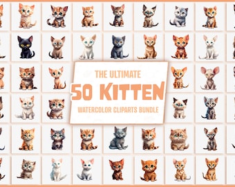 Cute Watercolor Cat Breeds Clipart Bundle, 50 Kitten PNGs, Sublimation Design, Nursery Decor, Animal Stickers, Mega Bundle, Commercial Use