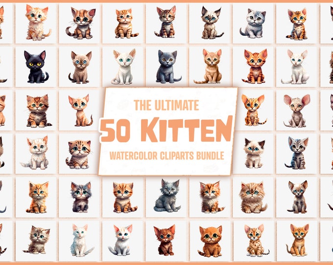 Cute Watercolor Cat Breeds Clipart Bundle, 50 Kitten PNGs, Sublimation Design, Nursery Decor, Animal Stickers, Mega Bundle, Commercial Use