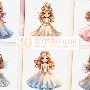Watercolor Fairytale Bundle, 30 Cute Fairies & Princesses PNGs, Nursery Decor, Birthday Party, Invitation Clipart, Girl Power Art Commercial