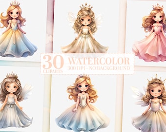 Watercolor Fairytale Bundle, 30 Cute Fairies & Princesses PNGs, Nursery Decor, Birthday Party, Invitation Clipart, Girl Power Art Commercial