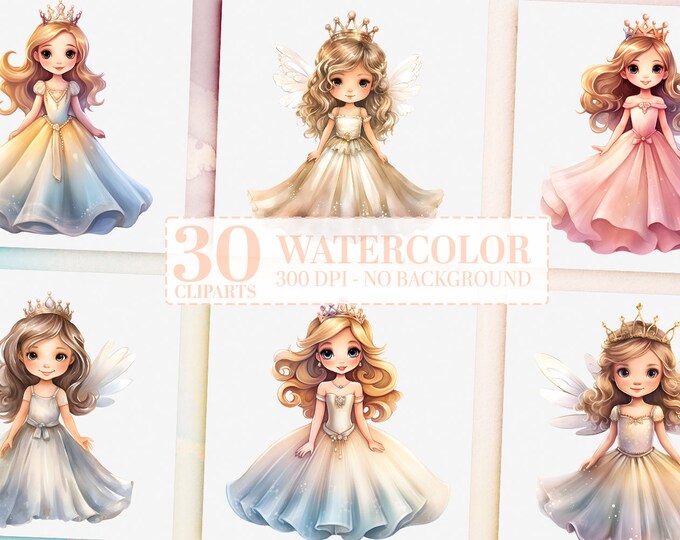 Watercolor Fairytale Bundle, 30 Cute Fairies & Princesses PNGs, Nursery Decor, Birthday Party, Invitation Clipart, Girl Power Art Commercial