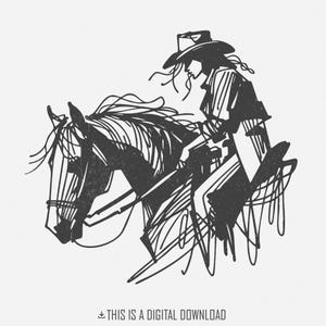 Vaquera a caballo PNG, Jinete occidental minimalista, Arte vaquero abstracto, Ilustración elegante del oeste campestre, Boceto en blanco y negro