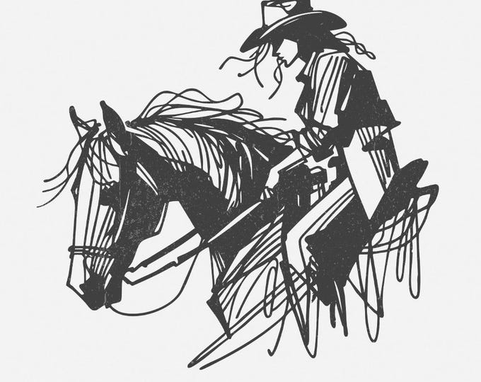 Cowgirl on Horseback PNG , Minimalist Western Rider, Abstract Cowboy Art, Stylish Country Western Illustration, Black and White Sketch