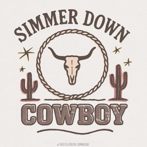 Simmer Down Cowboy PNG, Longhorn Western PNG T-Shirt-Design, Retro Wüstenkaktus PNG, Vintage Cowboy Schädelhemd Digitaler Download