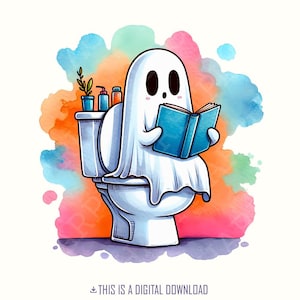Grappige spooklezing op toilet T-shirtontwerp, leuke digitale download Halloween, eigenzinnige badkamerhumorkunst, spookachtig en schattig afdrukbaar