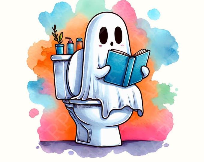 Funny Ghost Reading on Toilet T-Shirt Design, Cute Halloween Digital Download, Quirky Bathroom Humor Art, Spooky and Adorable Printable
