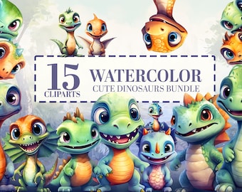 Watercolor Baby Dinosaurs Clipart Bundle, 15 Unique Breeds PNG, Nursery Decor, Dinosaur Birthday Party, T-Rex, Transparent BG Commercial Use