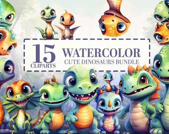 Watercolor Baby Dinosaurs Clipart Bundle, 15 Unique Breeds PNG, Nursery Decor, Dinosaur Birthday Party, T-Rex, Transparent BG Commercial Use