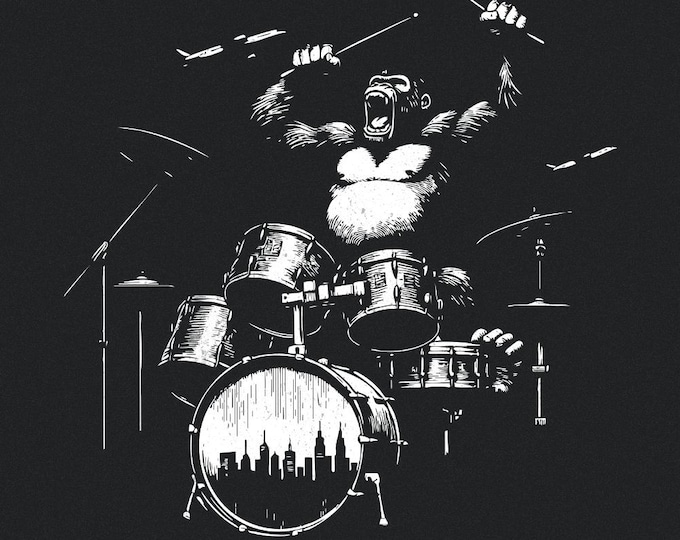 Gorilla Playing Drums, Funny Drum PNG, Digital Download, Drummer Gift, Cool T-Shirts, Music Wall Print, Home Decor, Vintage Rock Shirt