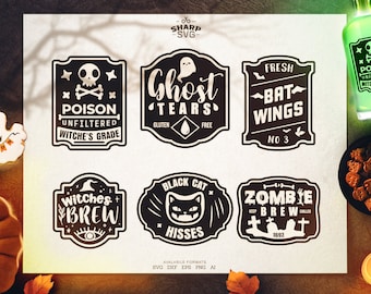 Halloween Labels SVG - Witch brew svg - Poison unfiltered - Cat hisses svg - Ghost tears svg label - Bat wings svg - Zombie Brew Label SVG