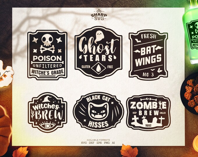 Halloween Labels SVG - Witch brew svg - Poison unfiltered - Cat hisses svg - Ghost tears svg label - Bat wings svg - Zombie Brew Label SVG