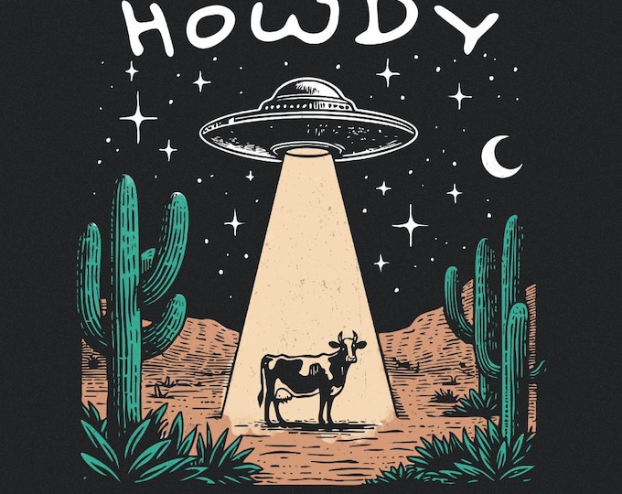 Cow Abduction PNG, Western Howdy, Funny Cow, Alien Cow PNG, Sci-Fi Fun, Western PNG, Farm Humor, Cowboy Western png