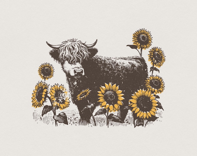 Highland Cow PNG Sunflowers Clipart, Farm Animal Sublimation Design, Cow with Flowers, Cute Animals, Clip Art, Highland Cow