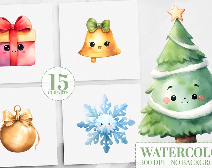 25 Watercolor Christmas Clipart Bundle: Cute Kawaii Trees, Ornaments, Bells, Snowflakes, and Gift Boxes Christmas Decor PNGs PNG Graphics V2