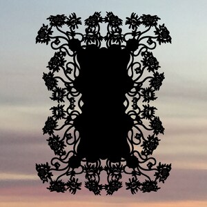 May include: A black silhouette of a symmetrical design with intricate floral patterns. The design is reminiscent of a stylised tree or bush with multiple branches and leaves.