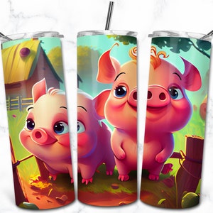 Plantillas de diseño de sublimación de vaso flaco de 20 oz de cerdos, descarga digital linda, envoltura de vaso de dibujos animados PNG, vaso para niños,