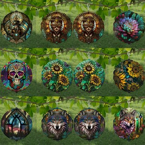 May include: A set of 12 pairs of colorful, round, dangle earrings with various designs, including a skull, sunflowers, a wolf, and a steampunk woman. The earrings are made of metal and have a geometric pattern.
