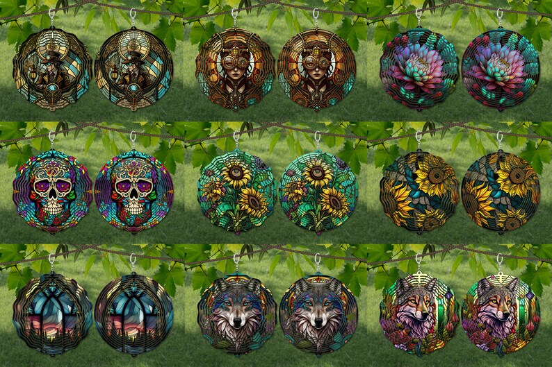 May include: A set of 12 pairs of colorful, round, dangle earrings with various designs, including a skull, sunflowers, a wolf, and a steampunk woman. The earrings are made of metal and have a geometric pattern.