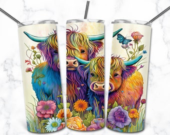 Highland Cow Watercolor 20oz Skinny Tumbler Sublimation Design Templates, Digital Download Straight Tumbler Wrap PNG, Nature Animal Tumbler