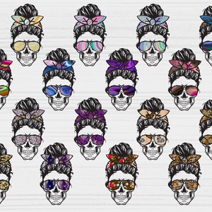 May include: A set of 20 digital designs featuring a skull with a messy bun and sunglasses. Each design has a different patterned bandana and sunglasses.