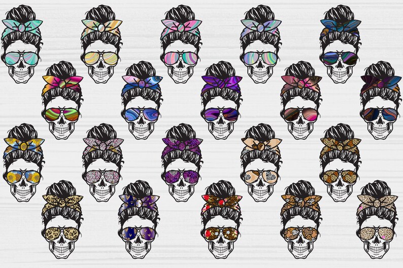 May include: A set of 20 digital designs featuring a skull with a messy bun and sunglasses. Each design has a different patterned bandana and sunglasses.