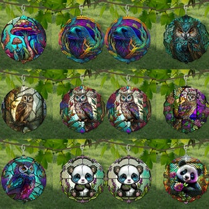 May include: A set of 12 colorful, round, stained glass earrings featuring various animal designs, including owls, mushrooms, and pandas. Each earring is suspended from a silver hook.