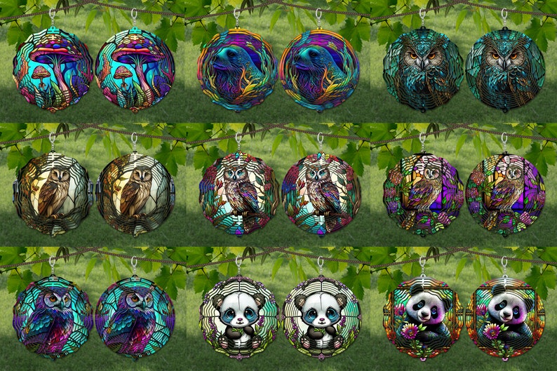 May include: A set of 12 colorful, round, stained glass earrings featuring various animal designs, including owls, mushrooms, and pandas. Each earring is suspended from a silver hook.