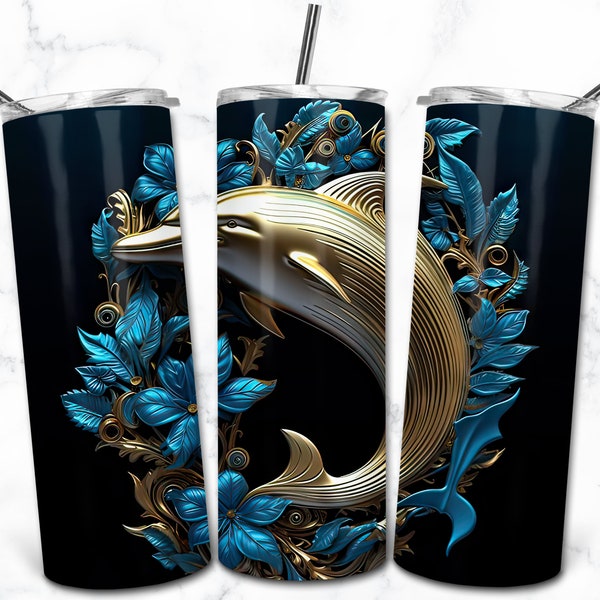 Modèles de conception de sublimation de gobelet maigre en métal 3D 20 oz Dauphin, téléchargement numérique gobelet droit Wrap PNG, gobelet effet métal 3D