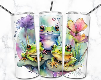 Frog Watercolor 20oz Skinny Tumbler Sublimation Design Templates, Digital Download Straight Tumbler Wrap PNG, Nature Animal Tumbler