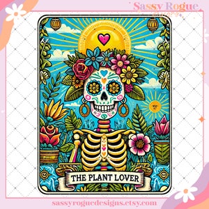 L'amoureux des plantes rigolote carte de tarot PNG, tête de mort squelette sarcastique, tarot sorcière sarcastique, tendance sublimation PNG, humour adulte sarcasme PNG