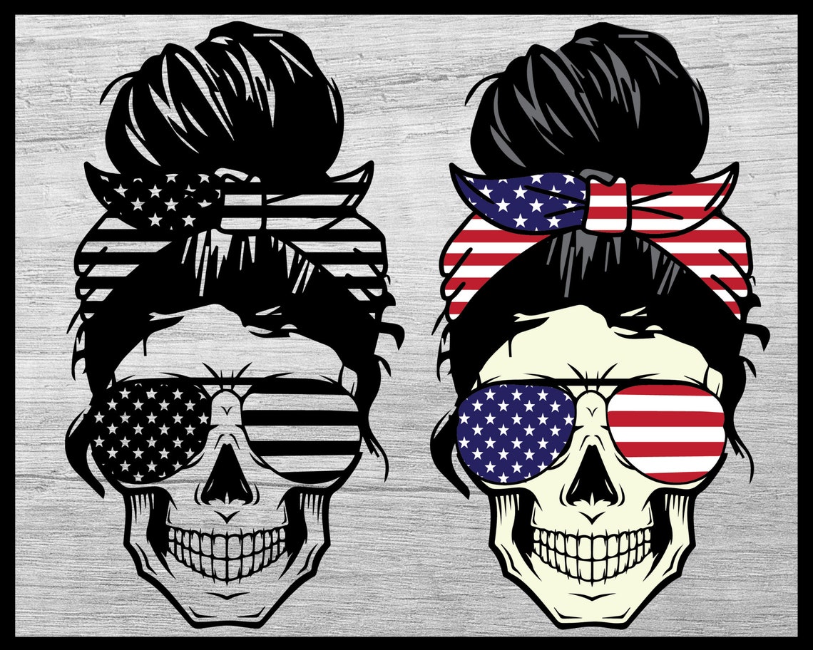 American Flag Skull svg Messy bun skull svg Mom life SVG | Etsy