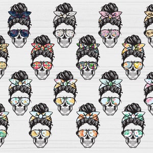 May include: A set of 20 digital clipart images featuring a skull with a messy bun and sunglasses. Each skull has a different patterned bandana. The bandanas feature various colors and patterns, including floral, geometric, and abstract designs.
