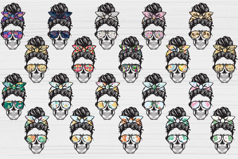 May include: A set of 20 digital clipart images featuring a skull with a messy bun and sunglasses. Each skull has a different patterned bandana. The bandanas feature various colors and patterns, including floral, geometric, and abstract designs.