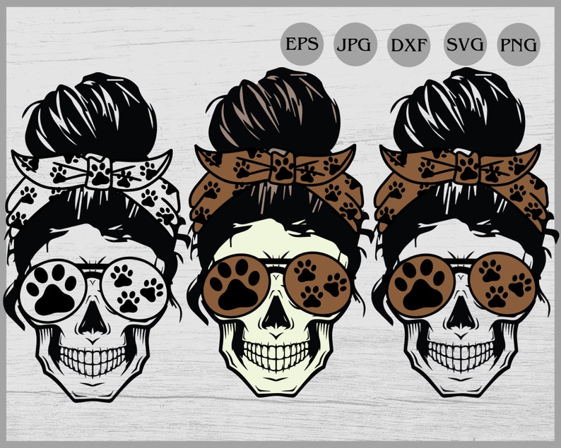 May include: Three black and white skull illustrations with brown paw print sunglasses and brown bandana headbands with paw print designs.