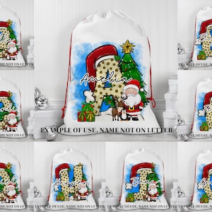 Benutzerdefinierte Weihnachtsbuchstabe Santa Sack Doodle Buchstaben, Santa Stocking personalisierte Kinderbuchstaben, Santa Sublimation Tote Xmas Doodle Alphabet