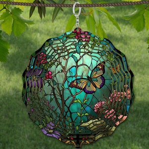Butterfly Wind Spinner Stained Glass Sublimation Design Template, Wind Spinner SVG, 10 inch Round Sublimation, Round Hanging Spinners png,