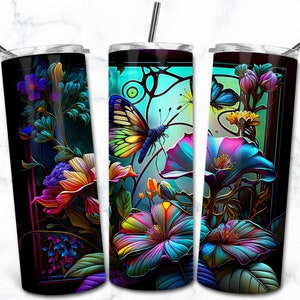 Papillon vitrail 20 oz Skinny Tumbler Sublimation Design modèle, téléchargement numérique, vitrail PNG, Animal Nature Tumbler