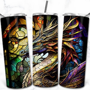 Modèle de conception de Sublimation de gobelet maigre 20 oz vitrail dragon, téléchargement numérique gobelet droit Wrap PNG, vitrail PNG