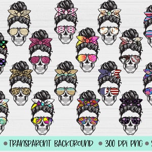 May include: A set of 20 different skull designs with a messy bun hairstyle and various patterned sunglasses. Each skull is wearing a different patterned headband. The skulls are on a white background.