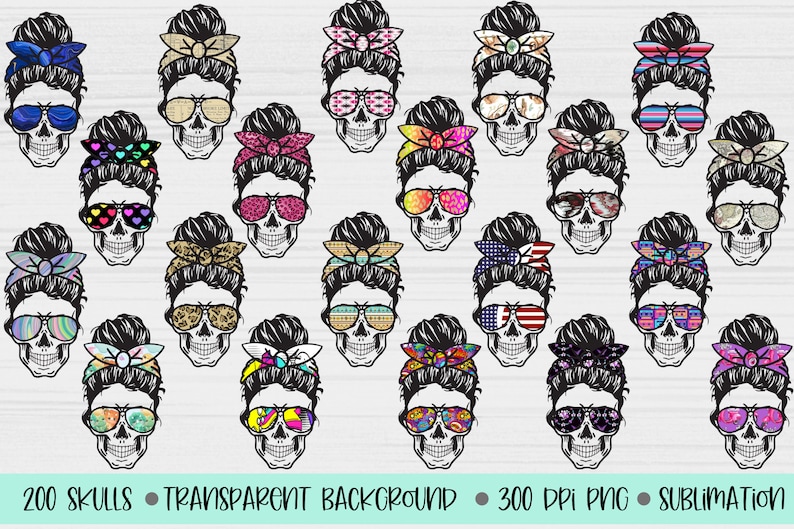 May include: A set of 20 different skull designs with a messy bun hairstyle and various patterned sunglasses. Each skull is wearing a different patterned headband. The skulls are on a white background.