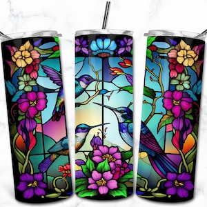 Hummingbird Stained Glass 20oz Skinny Tumbler Sublimation Design Template, Digital Download Straight Tumbler Wrap PNG, Stained Glass PNG