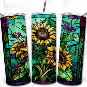 Tournesols vitrail 20 oz Skinny Tumbler Sublimation Design Template, Digital Download Straight Tumbler Wrap PNG, Vitrail PNG
