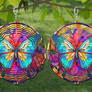 Butterfly Wind Spinner Stained Glass Sublimation Design Template, Wind Spinner SVG, 10 inch Round Sublimation, Round Hanging Spinners png,