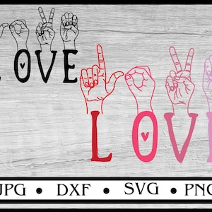 May include: Black and white illustration of hands signing the word "LOVE" in American Sign Language. The word "LOVE" is written in black below the hands. The background is a wood grain pattern.