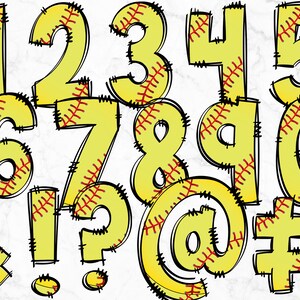 May include: Yellow and red softball-themed numbers 1 through 9, ampersand, exclamation point, question mark, at symbol, and pound sign. The numbers and symbols are outlined in black and have a stitched baseball pattern.